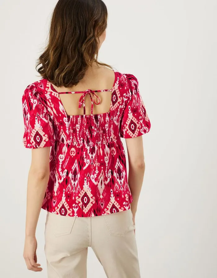 Monsoon Ikat Print Square Neck Top In Sustainable Cotton Red Women Tops and Blouses Monsoon Ikat Print Square Neck Top In Sustainable Cotton Red Women Tops and Blouses