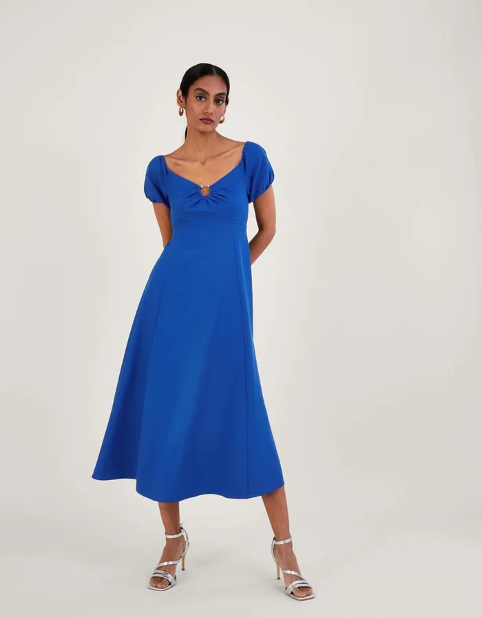Monsoon Katie Ring Detail Bardot Dress Blue Women Occasionwear