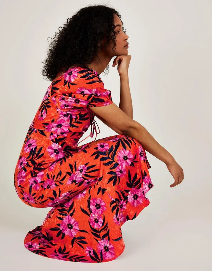 Monsoon Kerry Satin Jacquard Floral Print Dress Orange Women Occasionwear