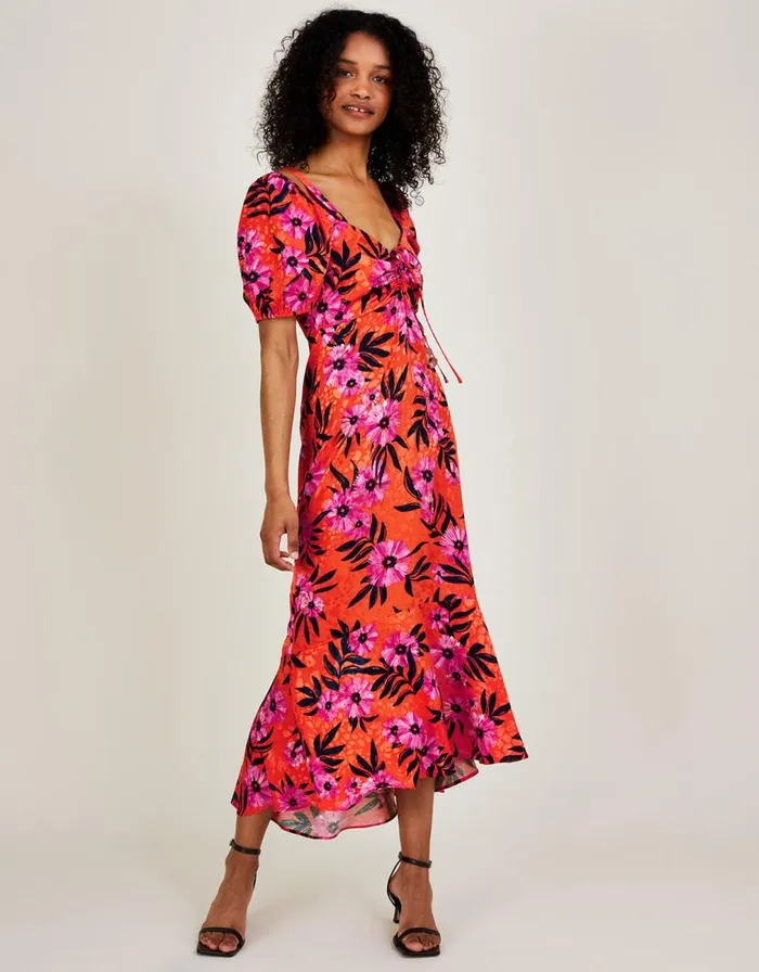 Monsoon Kerry Satin Jacquard Floral Print Dress Orange Women Occasionwear