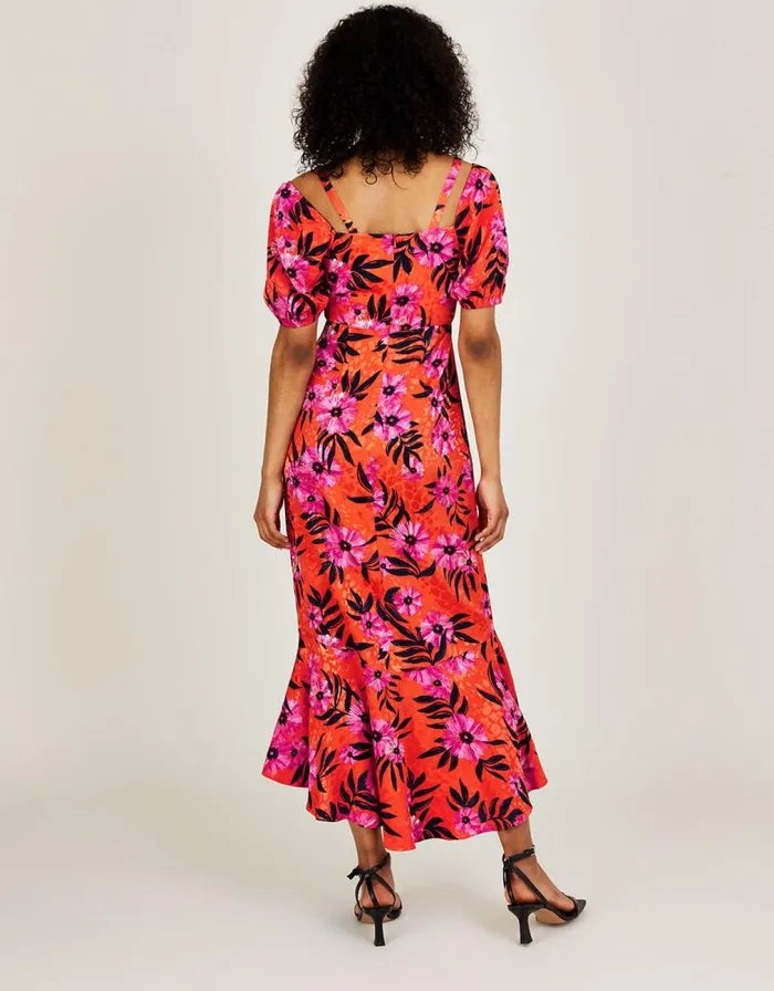 Monsoon Kerry Satin Jacquard Floral Print Dress Orange Women Occasionwear