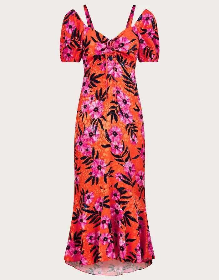 Monsoon Kerry Satin Jacquard Floral Print Dress Orange Women Occasionwear