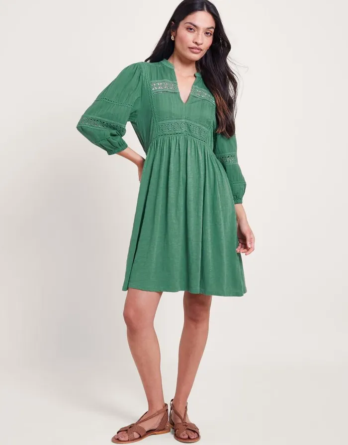 Monsoon Lia Lace Trim Dress Green Women Jersey Dresses