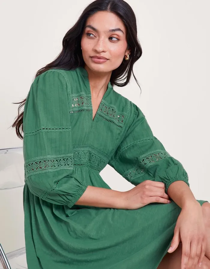 Monsoon Lia Lace Trim Dress Green Women Jersey Dresses