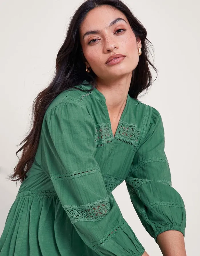 Monsoon Lia Lace Trim Dress Green Women Jersey Dresses