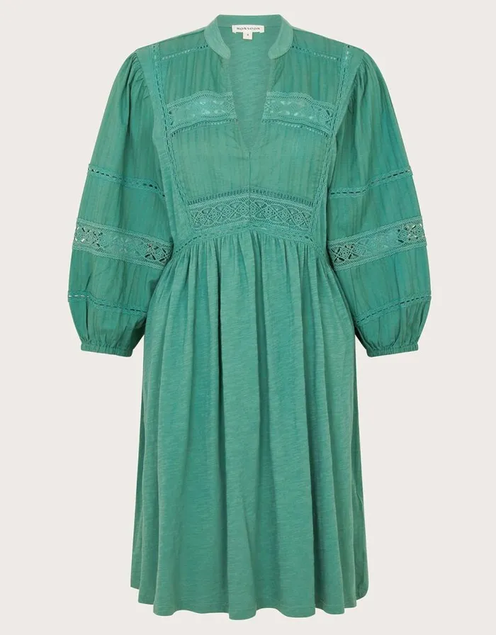 Monsoon Lia Lace Trim Dress Green Women Jersey Dresses