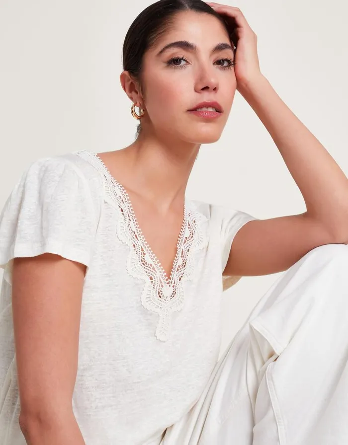 Monsoon Lisa Lace Linen TShirt Ivory Women Tops and Blouses