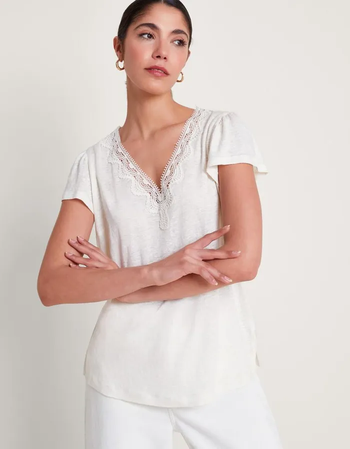 Monsoon Lisa Lace Linen TShirt Ivory Women Tops and Blouses Monsoon Lisa Lace Linen TShirt Ivory Women Tops and Blouses