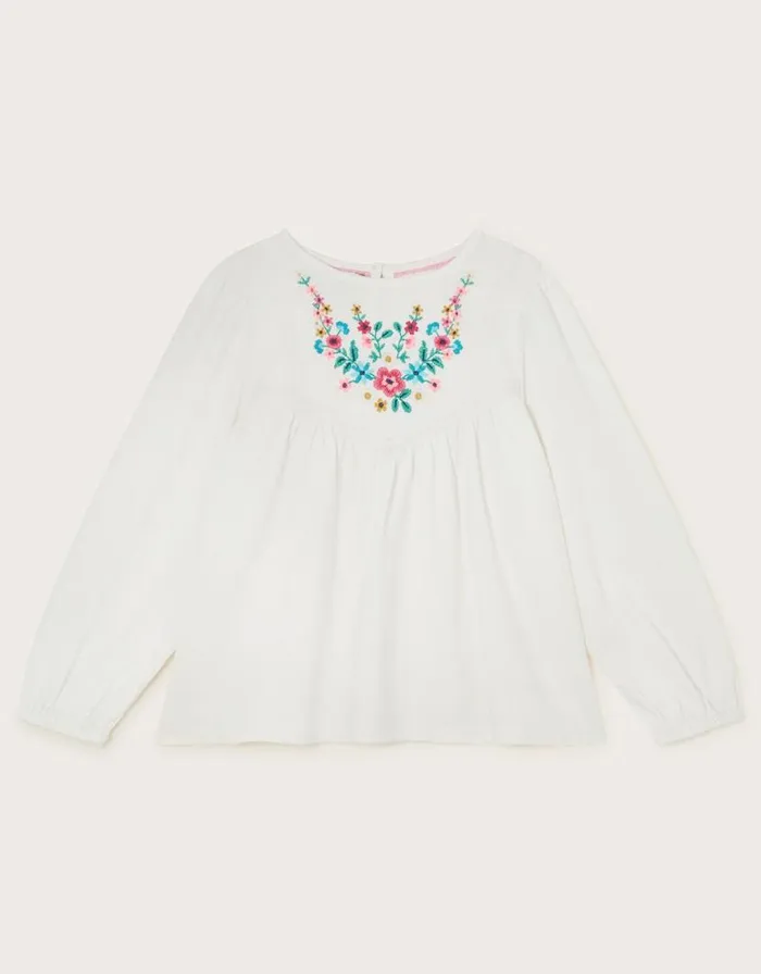 Monsoon Long Sleeve Floral Embroidered Top Cream Children Tops and Tshirts