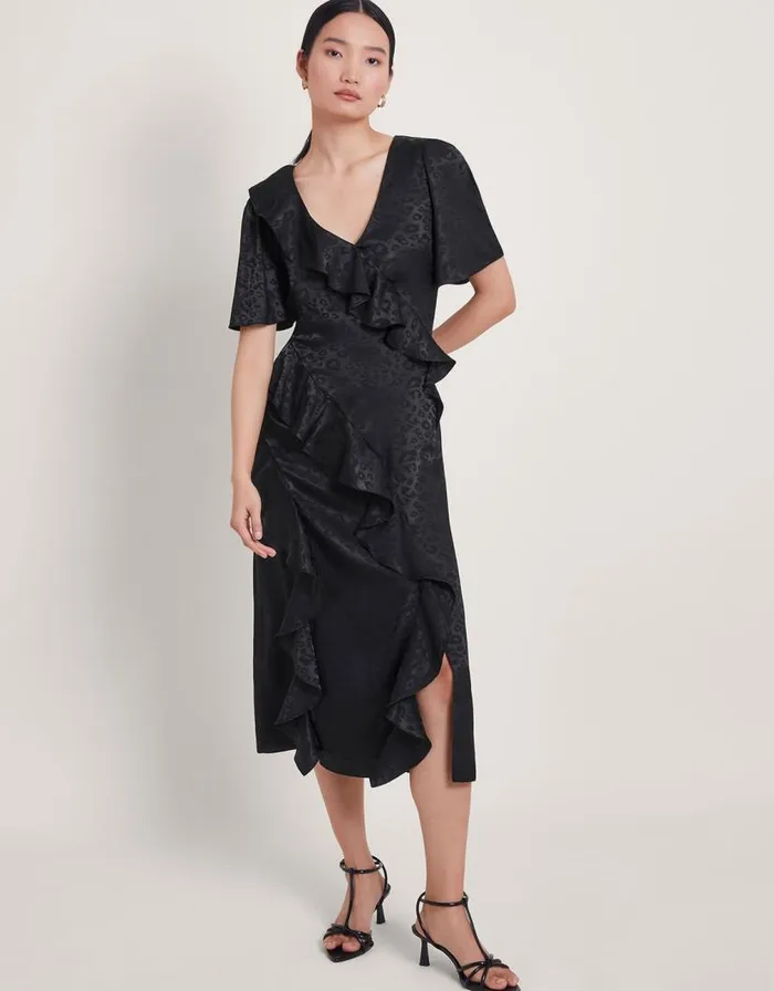 Monsoon Luna Satin Ruffle Dress Black Women Occasionwear