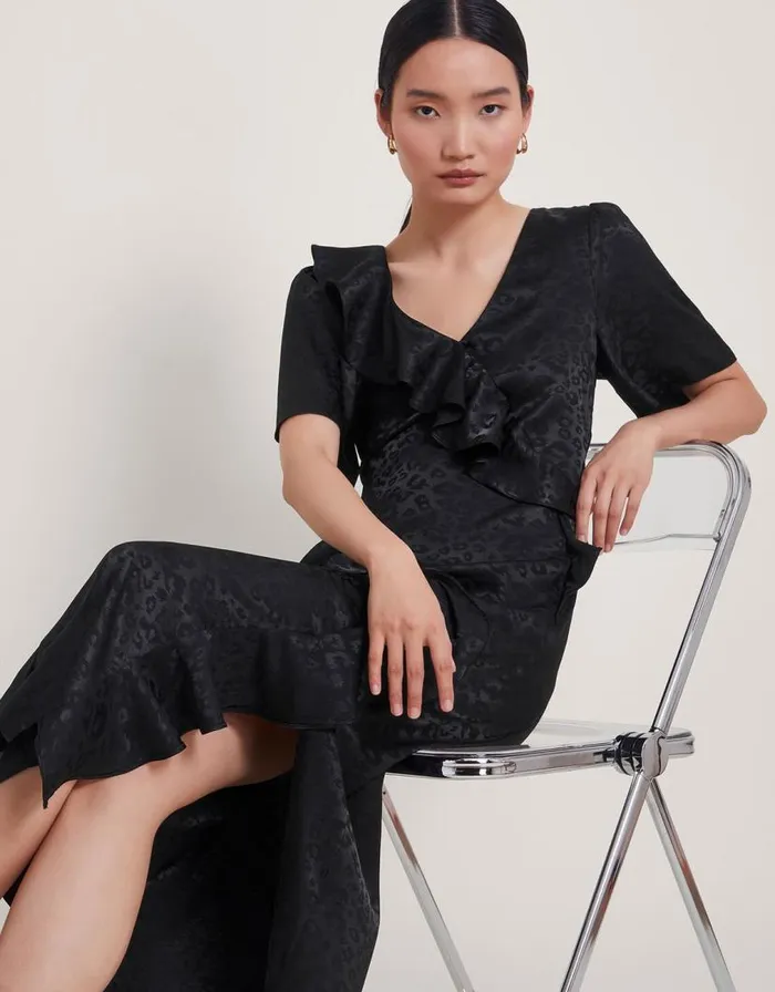 Monsoon Luna Satin Ruffle Dress Black Women Occasionwear