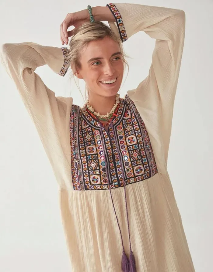 Monsoon Maison Hotel Embroidered Neckline Dress Cream Women Summer Dresses