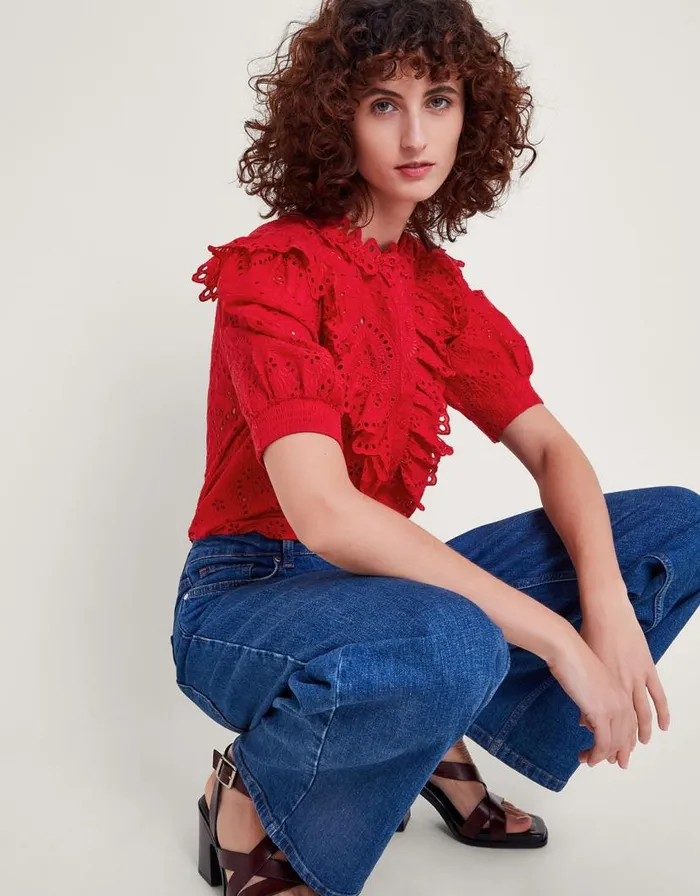 Monsoon Mari Broderie Blouse Red Women Tops and Blouses