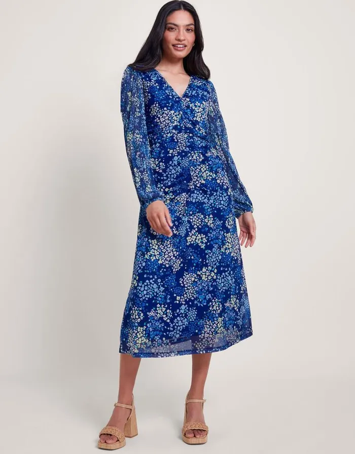 Monsoon Micola Print Mesh Dress Blue Women Occasion Dresses