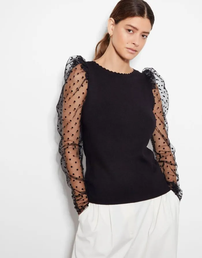 Monsoon Mimi Polka Dot Sleeve Jumper Black Women Knitwear