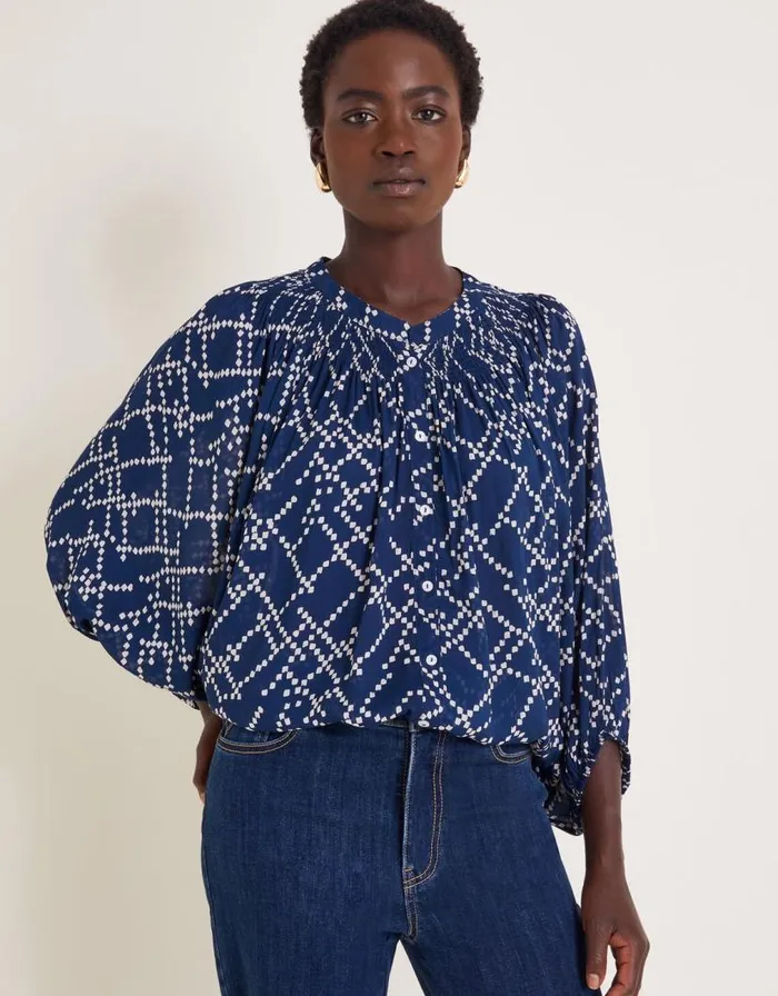 Monsoon Neva Artisan Blouson Blouse Blue Women Tops and Blouses