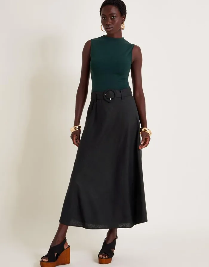 Monsoon Olive Belted Midi Skirt Black Women Linen
