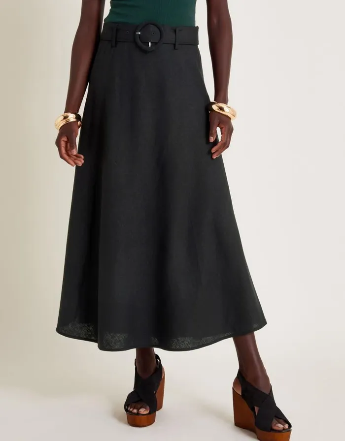 Monsoon Olive Belted Midi Skirt Black Women Linen