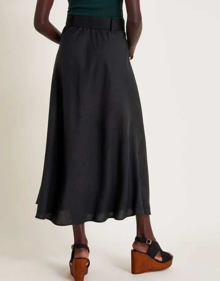 Monsoon Olive Belted Midi Skirt Black Women Linen