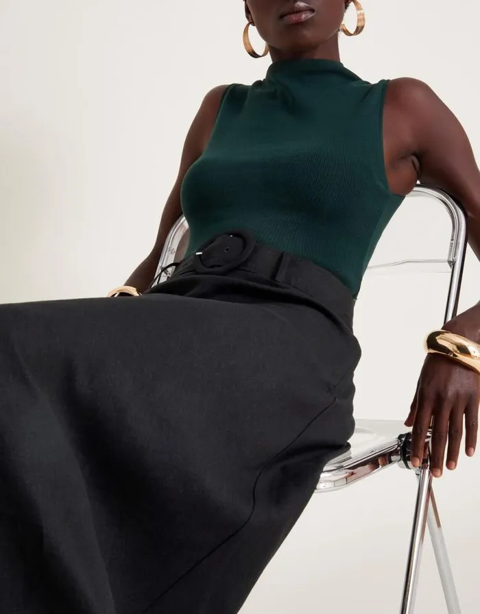 Monsoon Olive Belted Midi Skirt Black Women Linen