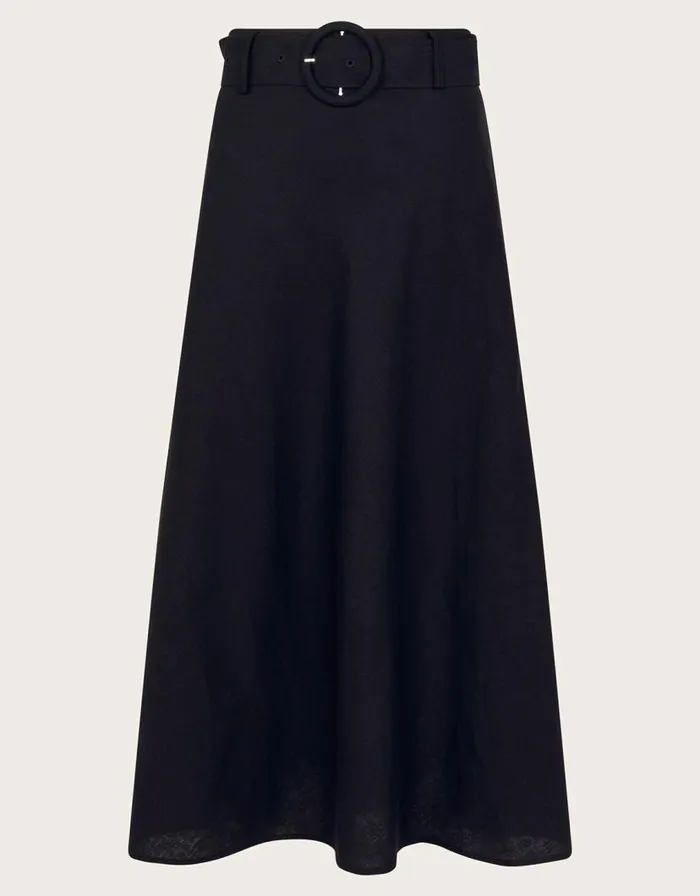 Monsoon Olive Belted Midi Skirt Black Women Linen