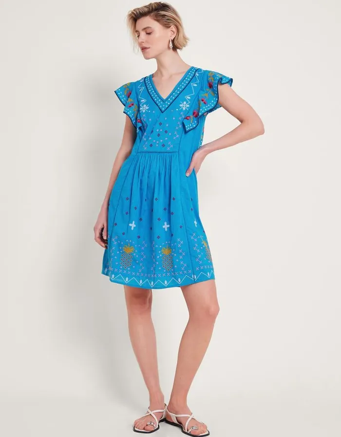 Monsoon Prue Pineapple Embroidered Ruffle Dress Blue Women Casualwear