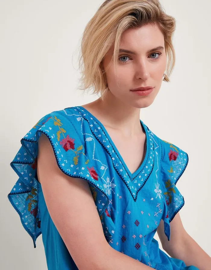 Monsoon Prue Pineapple Embroidered Ruffle Dress Blue Women Casualwear