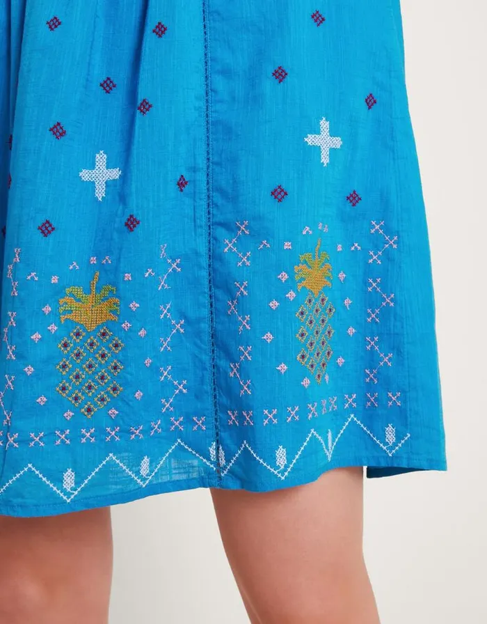 Monsoon Prue Pineapple Embroidered Ruffle Dress Blue Women Casualwear