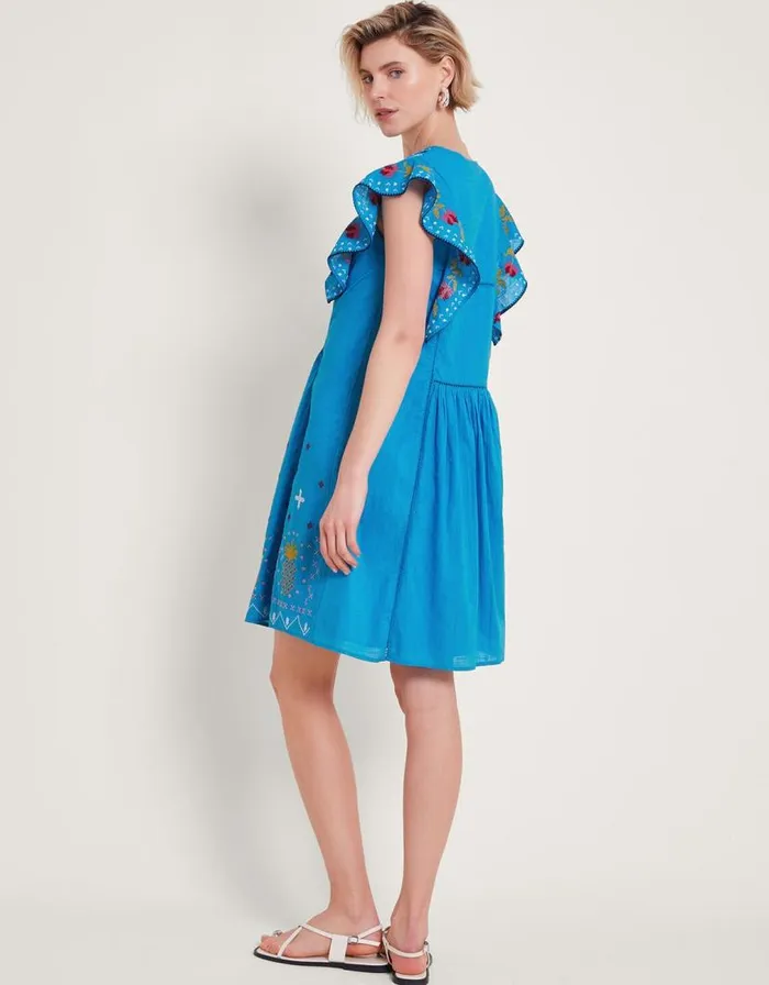 Monsoon Prue Pineapple Embroidered Ruffle Dress Blue Women Casualwear