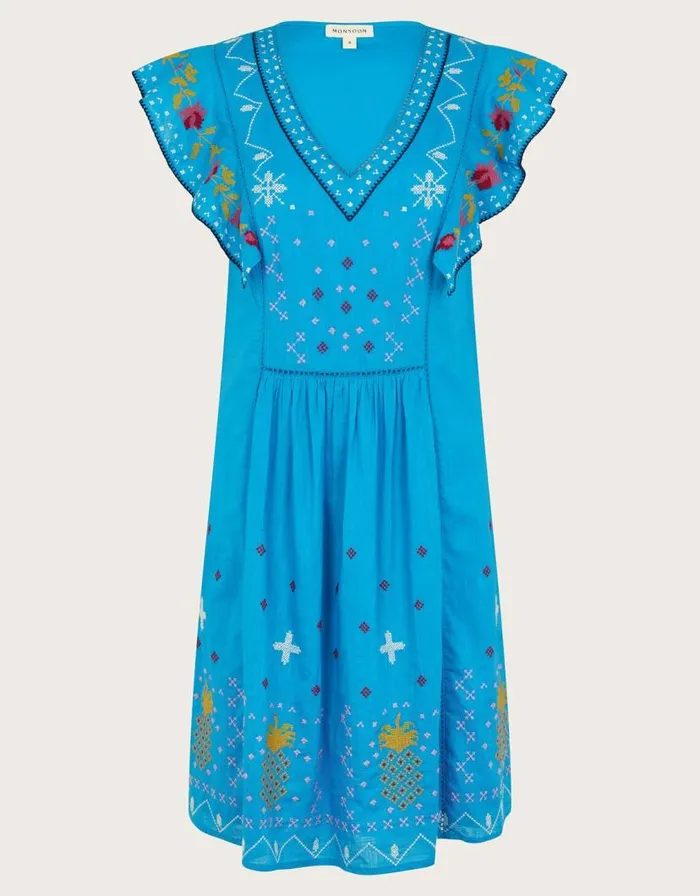 Monsoon Prue Pineapple Embroidered Ruffle Dress Blue Women Casualwear