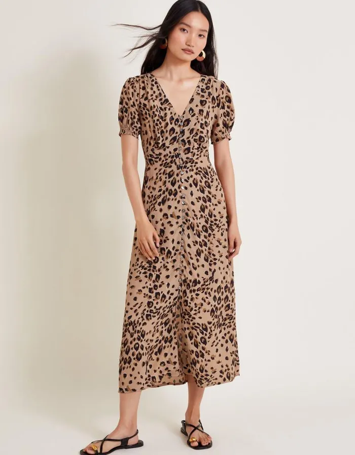 Monsoon Raife Midi Leopard Print Tea Dress Natural Women Midi Dresses