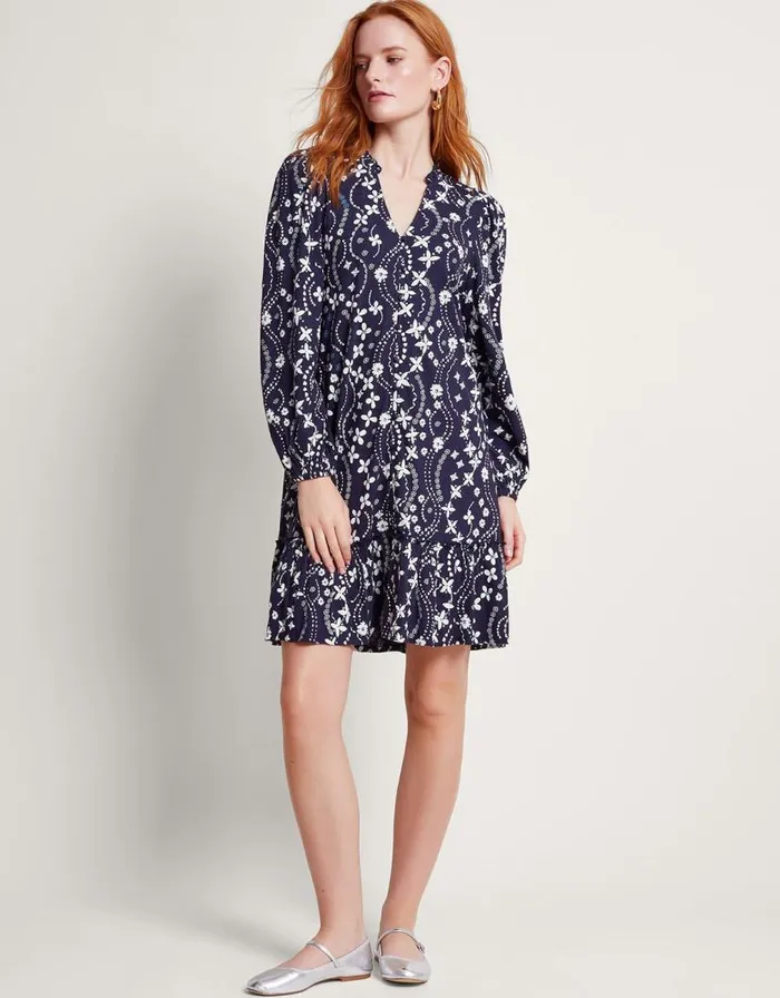 Monsoon Serena Print Dress Blue Women Mini Dresses