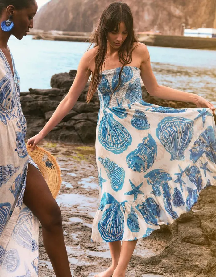 Monsoon Shell Print Shirred Bandeau Midi Dress Ivory Women Beachwear and Swimwear Monsoon Shell Print Shirred Bandeau Midi Dress Ivory Women Beachwear and Swimwear