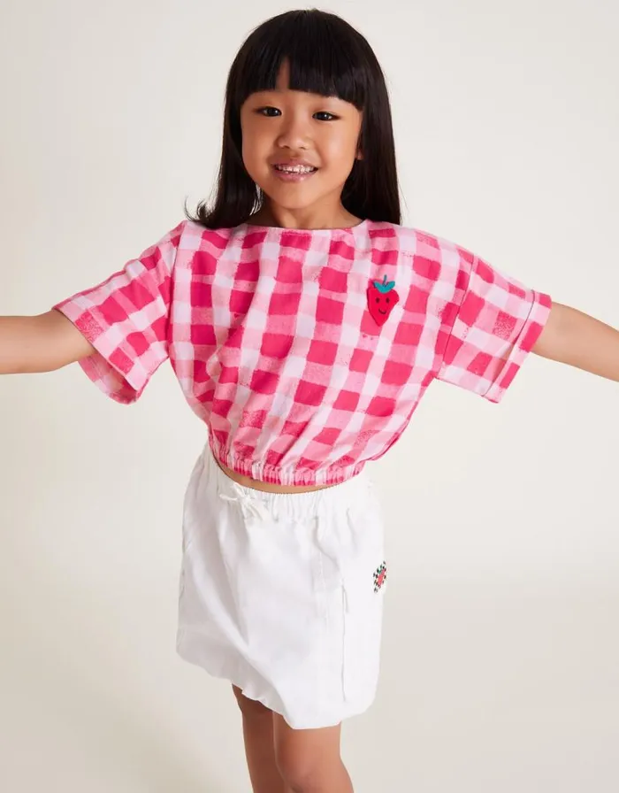 Monsoon Short Sleeve Gingham Crop Top Pink Children Tops and Tshirts