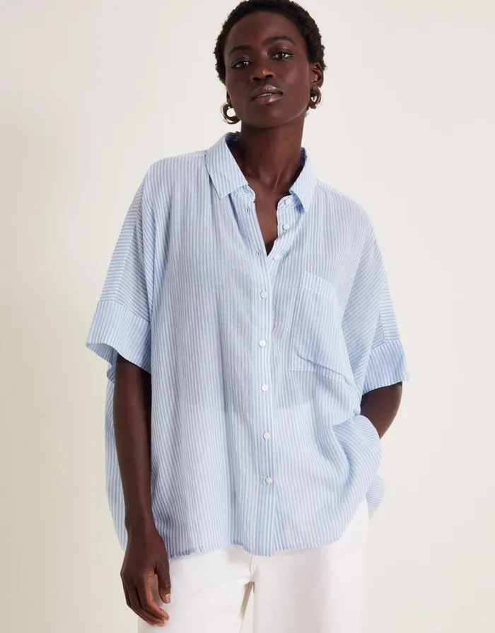 Monsoon Shyla Stripe Oversized Shirt Blue Women Tops and Blouses