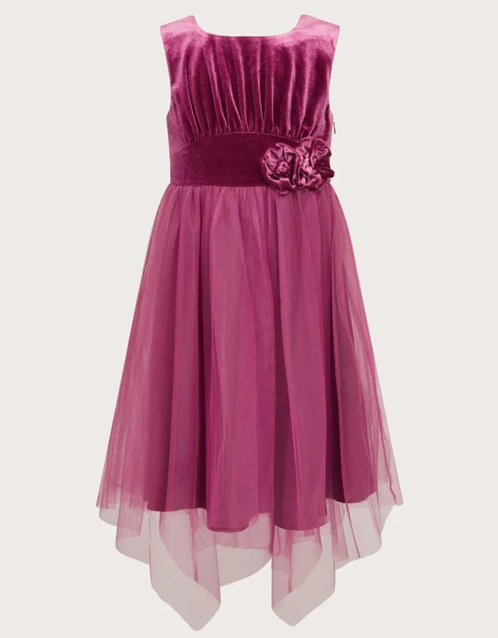 Monsoon Sleeveless Velvet Mesh Corsage Dress Pink Children Dresses