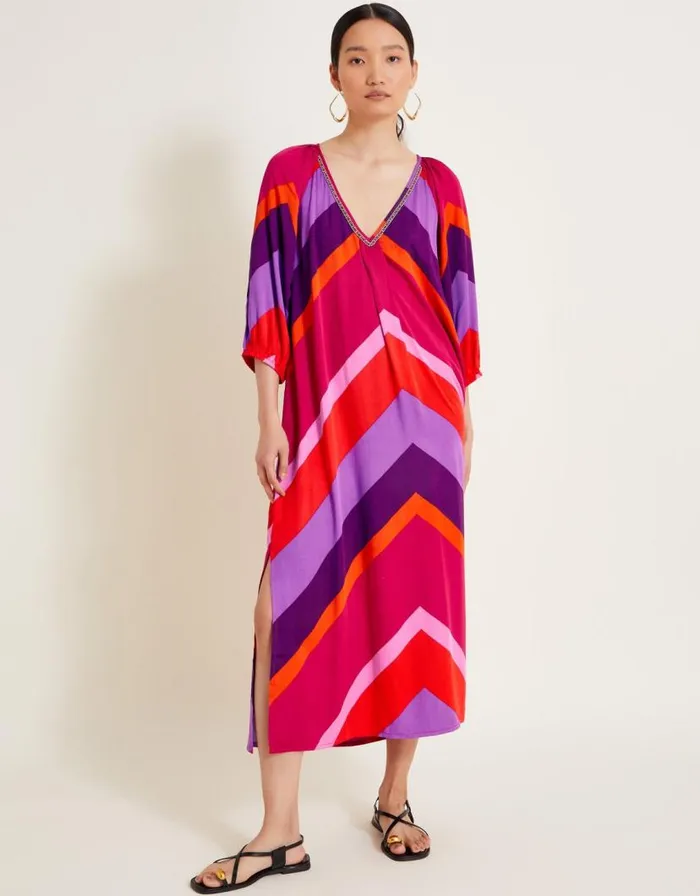 Monsoon Sonya Stripe Kaftan Dress Red Women Beachwear and Swimwear