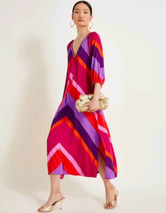 Monsoon Sonya Stripe Kaftan Dress Red Women Beachwear and Swimwear