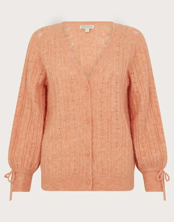 Monsoon SuperSoft Pointelle Cardigan With Recycled Polyester Orange Women Knitwear Monsoon SuperSoft Pointelle Cardigan With Recycled Polyester Orange Women Knitwear
