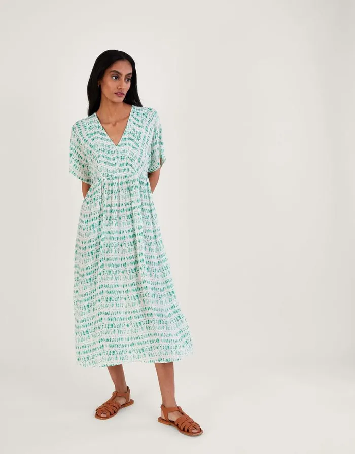 Monsoon Tie Dye Print Shirred Bodice Kaftan Dress Blue Women Beachwear and Swimwear Monsoon Tie Dye Print Shirred Bodice Kaftan Dress Blue Women Beachwear and Swimwear