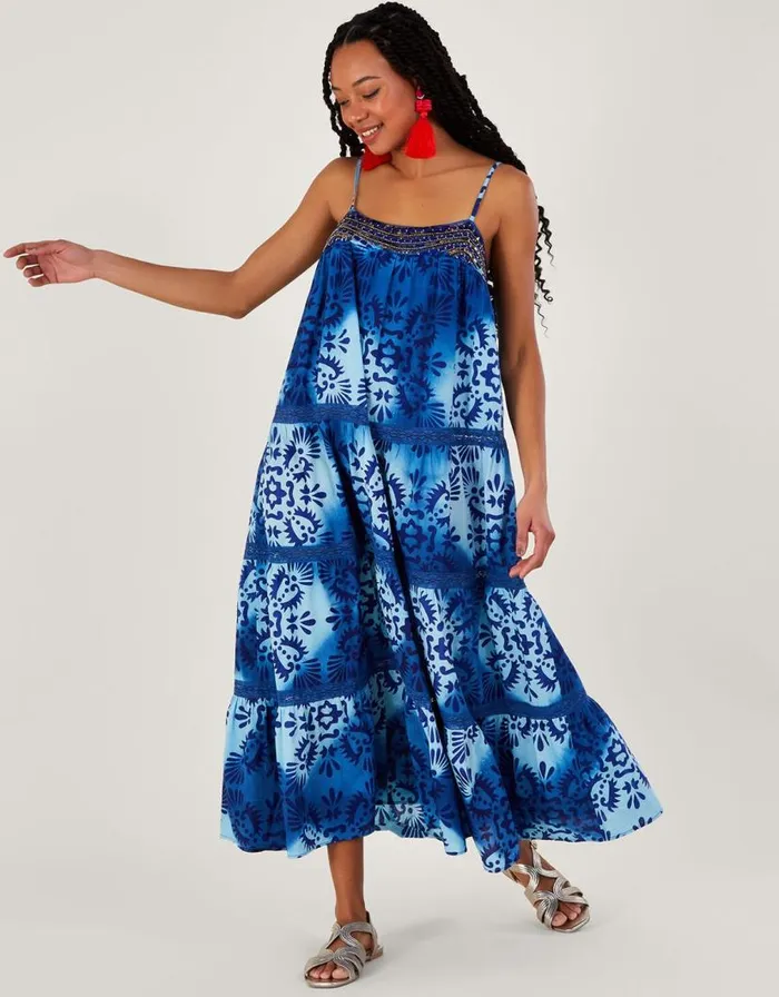 Monsoon Tile Batik Print Cami Midi Dress Blue Women Beachwear and Swimwear