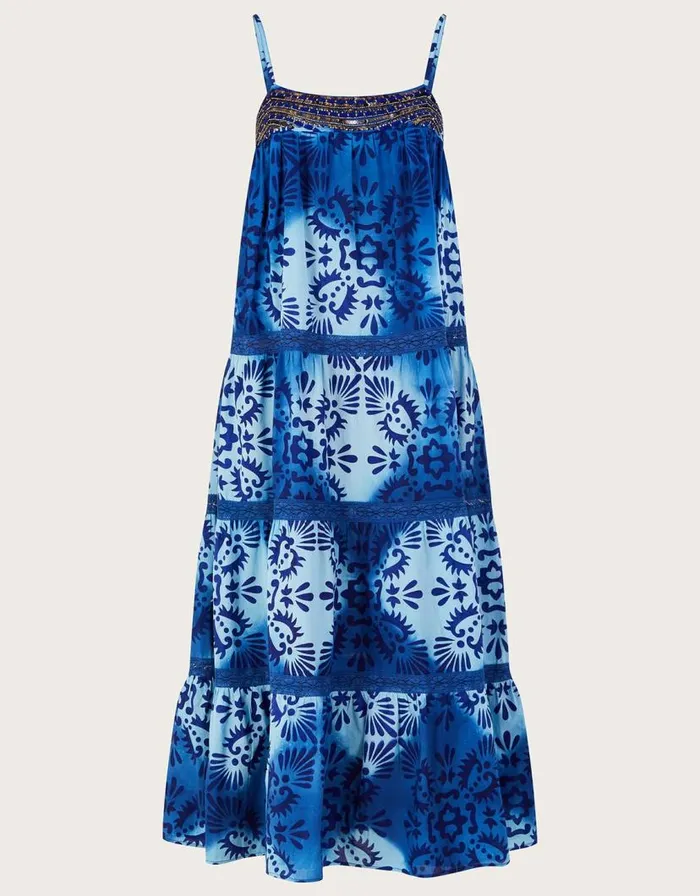 Monsoon Tile Batik Print Cami Midi Dress Blue Women Beachwear and Swimwear Monsoon Tile Batik Print Cami Midi Dress Blue Women Beachwear and Swimwear