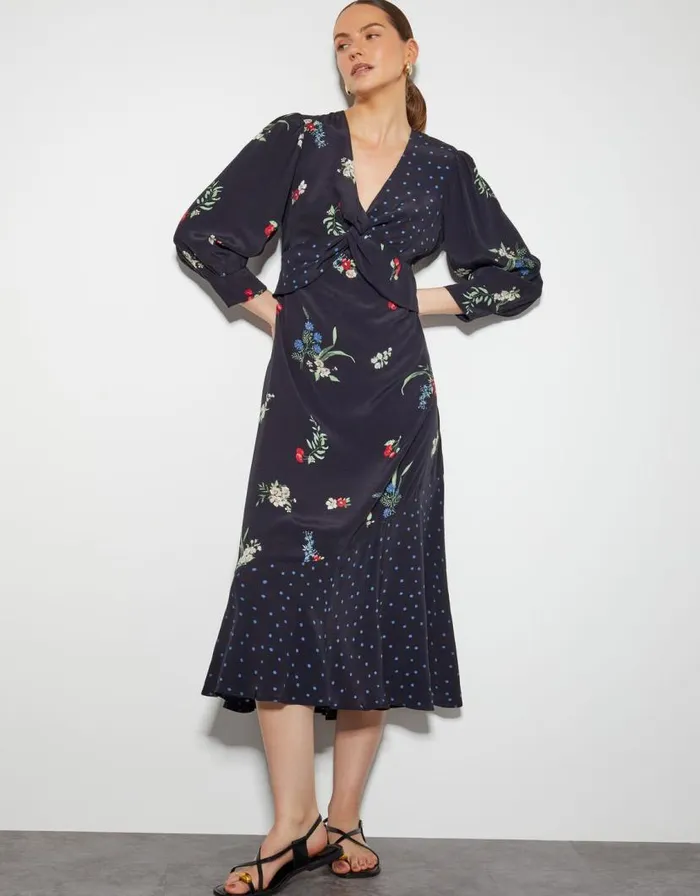 Monsoon Tina Twist Front Midi Dress Black Women Day Dresses