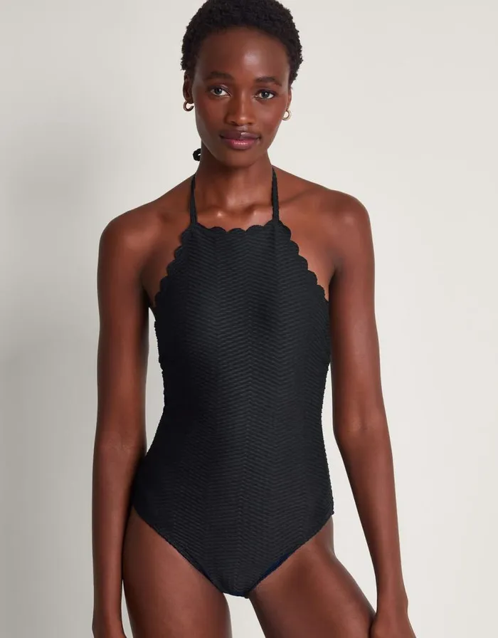 Monsoon Una Scallop Swimsuit Black Women Beachwear and Swimwear