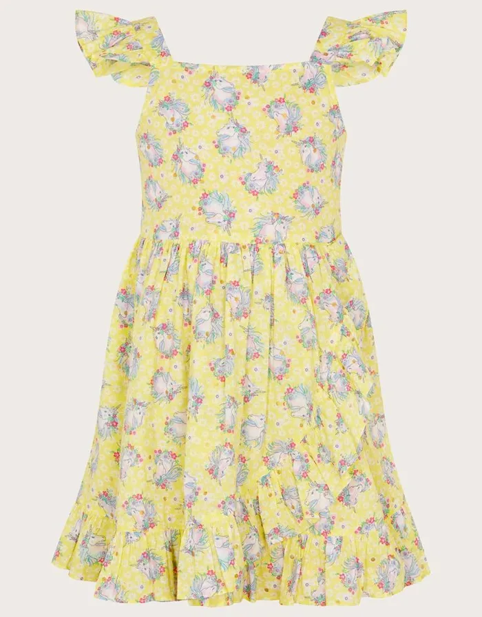Monsoon Unicorn Frill Dress Yellow Children Dresses