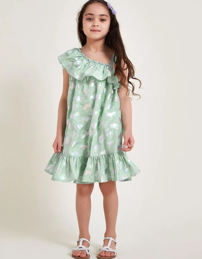 Monsoon Unicorn Print Frill Dress Blue Children Dresses