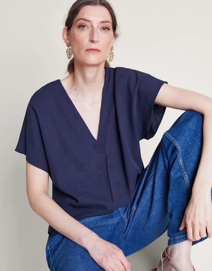 Monsoon Viola VNeck Pintuck TShirt Blue Women Tops and Blouses