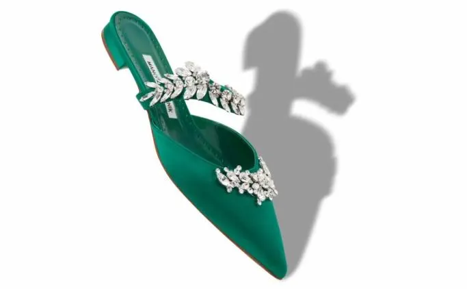 Mules Women Manolo Blahnik LURUMFLATGreen Satin Crystal Embellished Flat Mules Mules Women Manolo Blahnik LURUMFLATGreen Satin Crystal Embellished Flat Mules