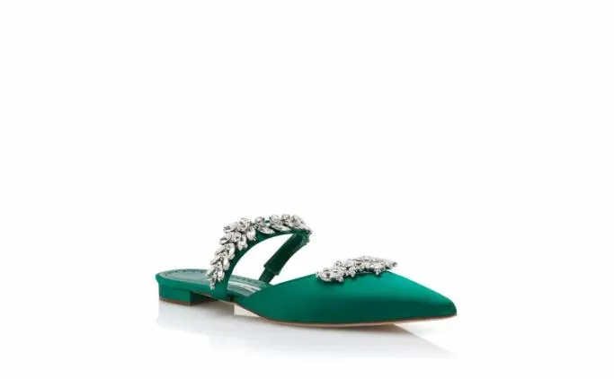 Mules Women Manolo Blahnik LURUMFLATGreen Satin Crystal Embellished Flat Mules Mules Women Manolo Blahnik LURUMFLATGreen Satin Crystal Embellished Flat Mules
