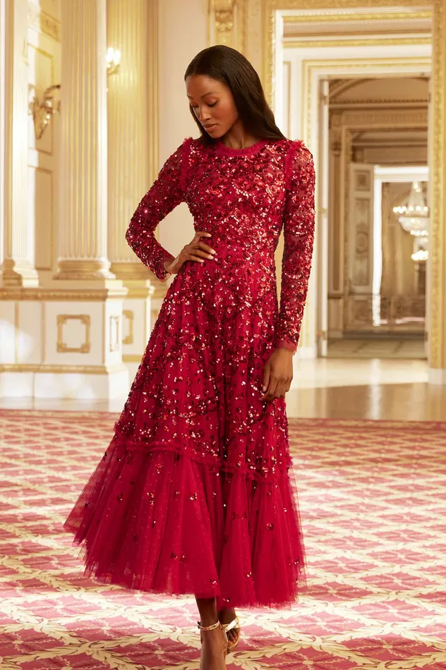 Needle and Thread Alina Sequin Ankle Gown Red Women Embellished Dresses